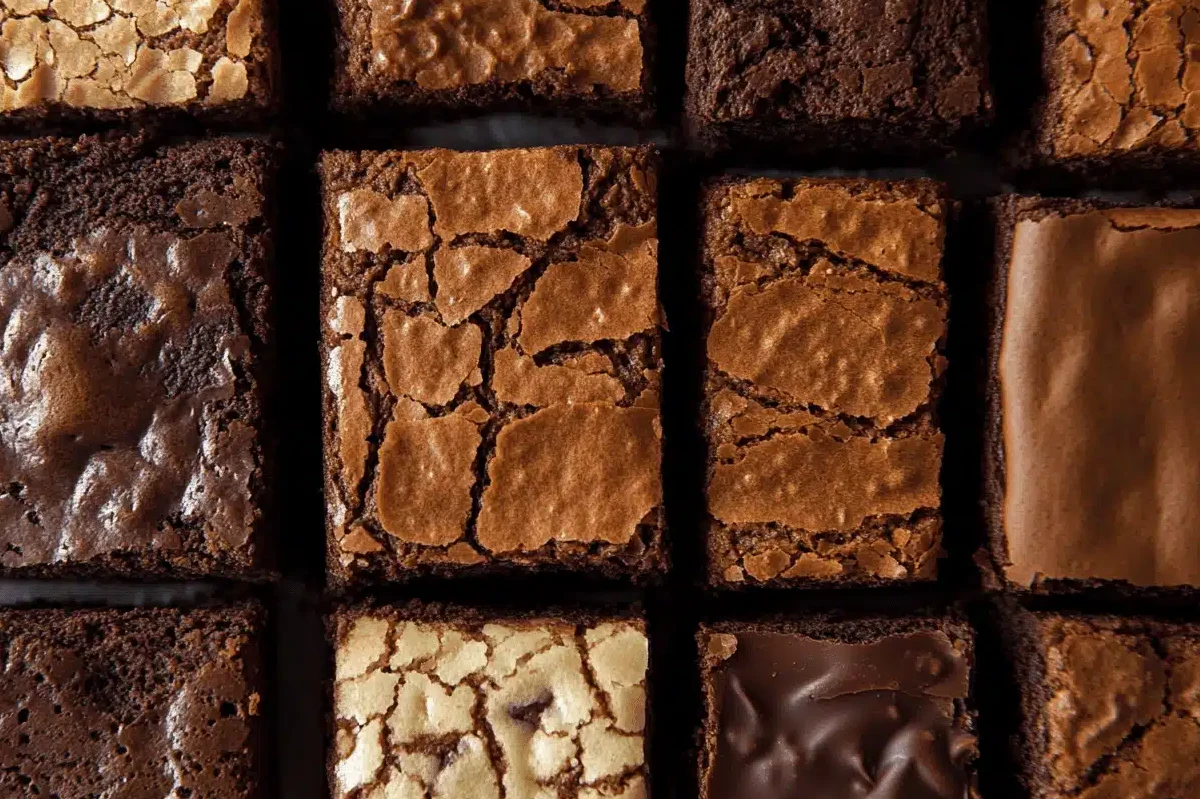 Close-up of fudgy, cakey, and chewy brownies on a plate