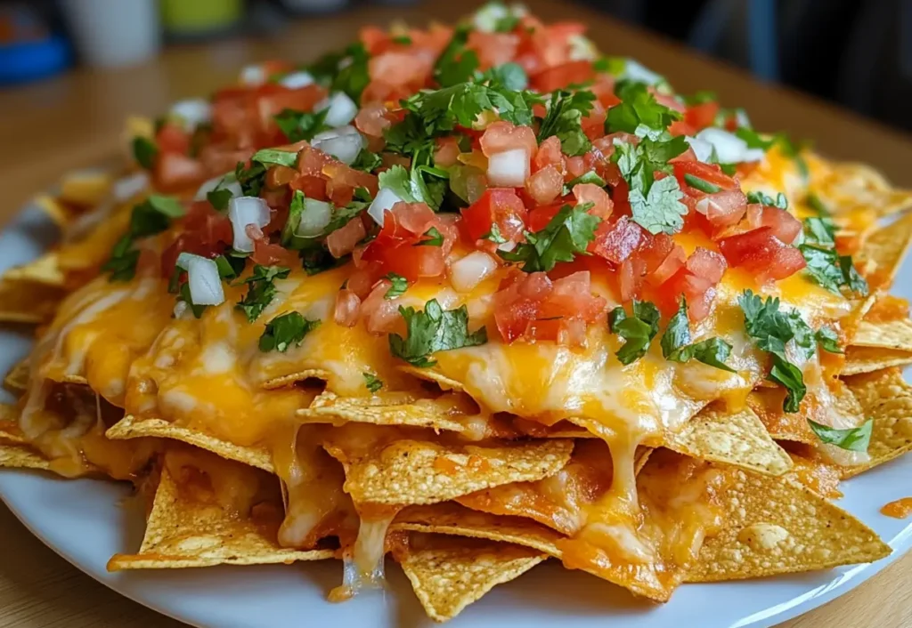 A plate of perfectly layered nachos with melted cheese and fresh toppings