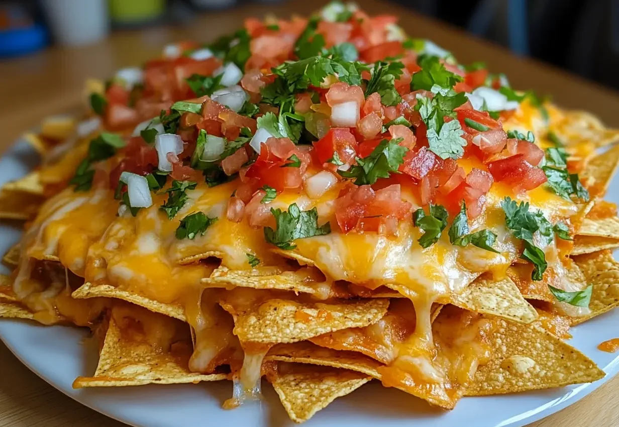 A plate of perfectly layered nachos with melted cheese and fresh toppings